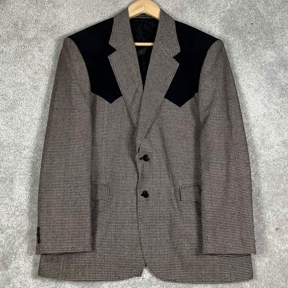 Circle S Sport Coat Mens 44R Brown Houndstooth Silk Western Blazer Yoke Accent